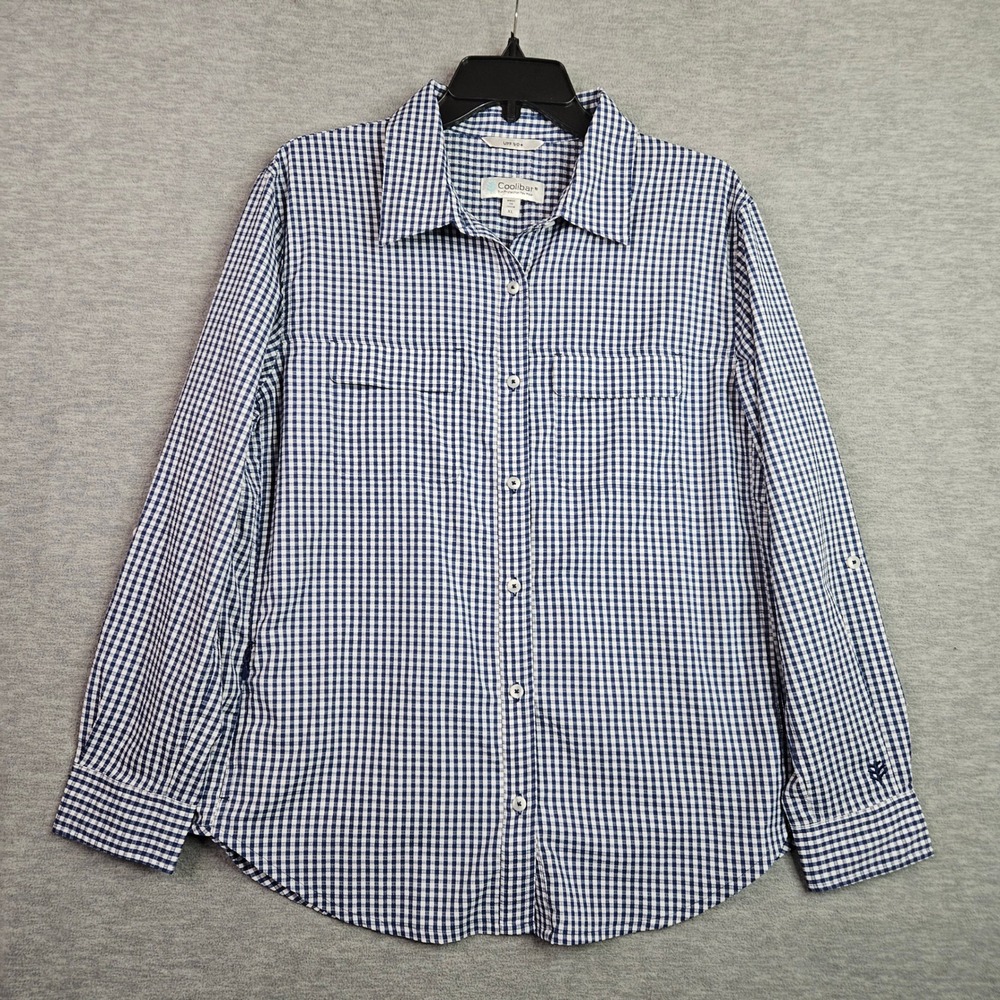 Coolibar Button Up Shirt Women's Size XL Blue Gingham PF 50+ Sun Protection
